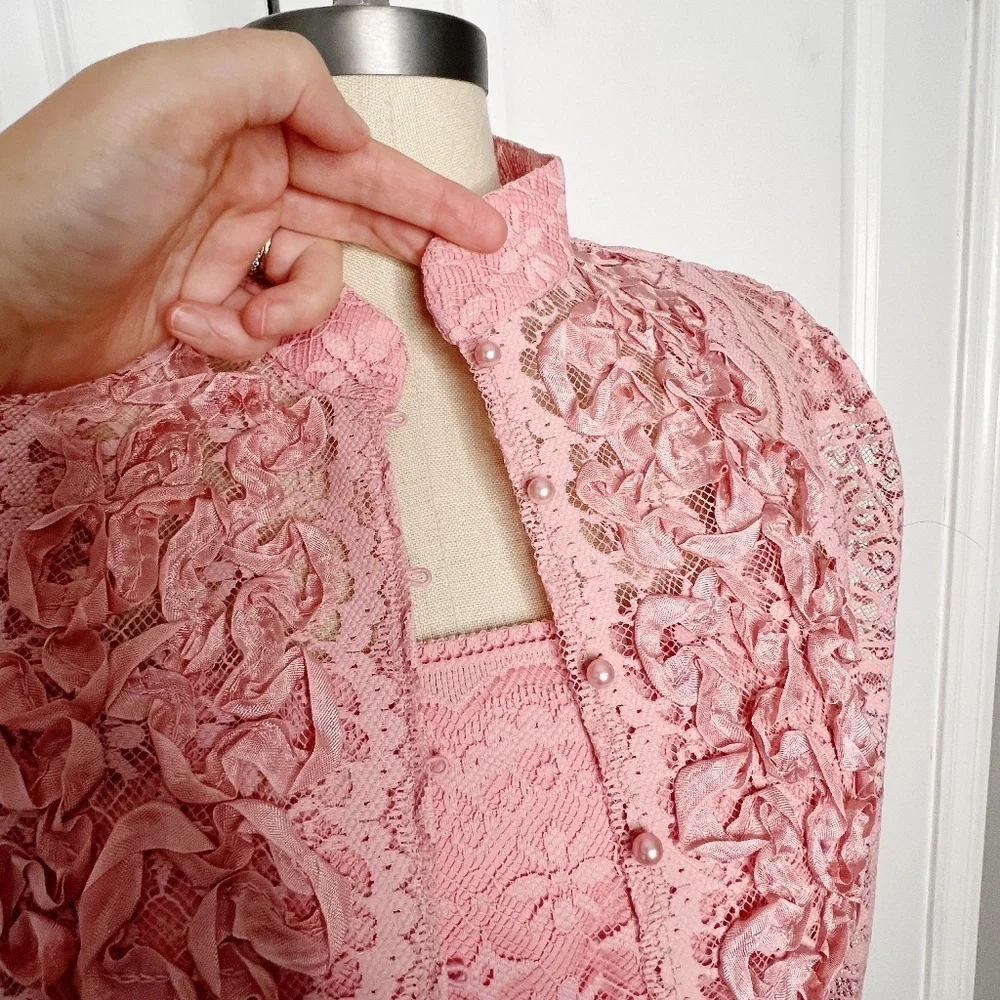 Vintage Pink Lace Maxi Dress with Matching Jacket Formal Evening Gown Set Pink